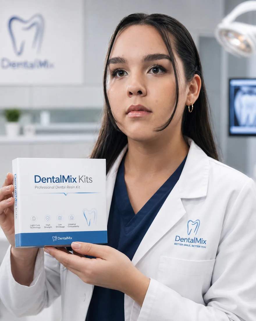 Profissional da odontologia apresentando produto DentalMix Kits